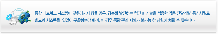 통합 네트워크 시스템이 갖추어지지 않을 경우, 급속히 발전하는 첨단 IT 기술을 적용한 각종 단말기별, 통신사별로 
별도의 시스템을  일일이 구축하여야 하며, 이 경우 통합 관리 자체가 불가능 한 상황에 처할 수 있습니다. 